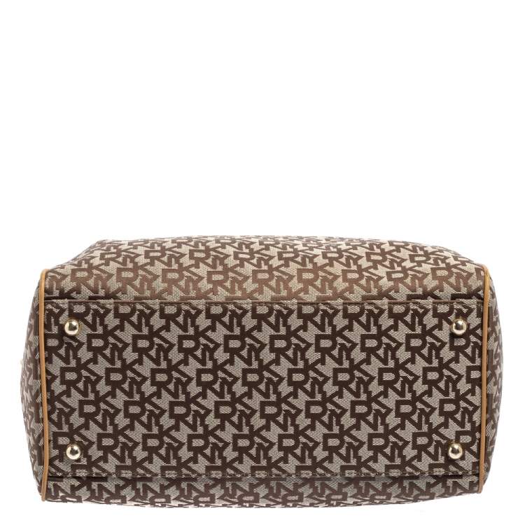 Pre Owned DKNY Beige/Tan Signature Canvas and Leather Boston Bag