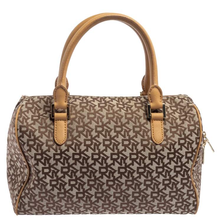 Pre Owned DKNY Beige/Tan Signature Canvas and Leather Boston Bag