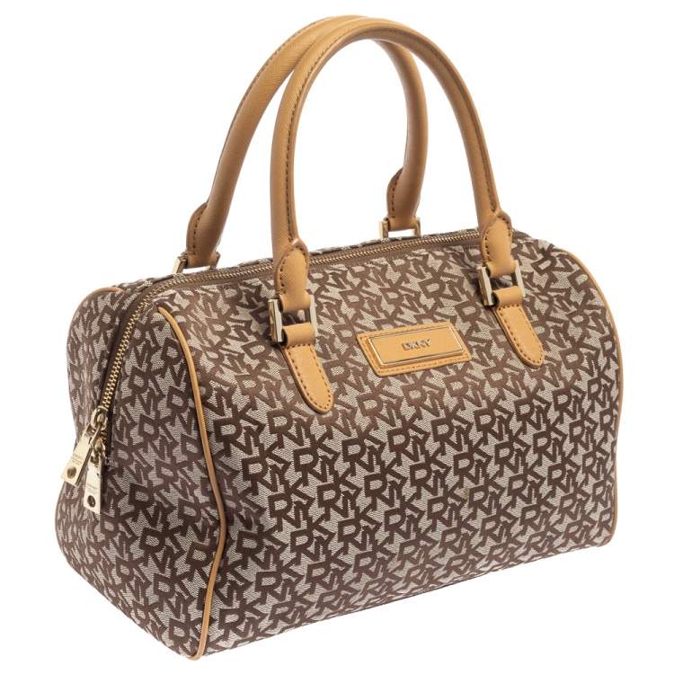 Pre Owned DKNY Beige/Tan Signature Canvas and Leather Boston Bag