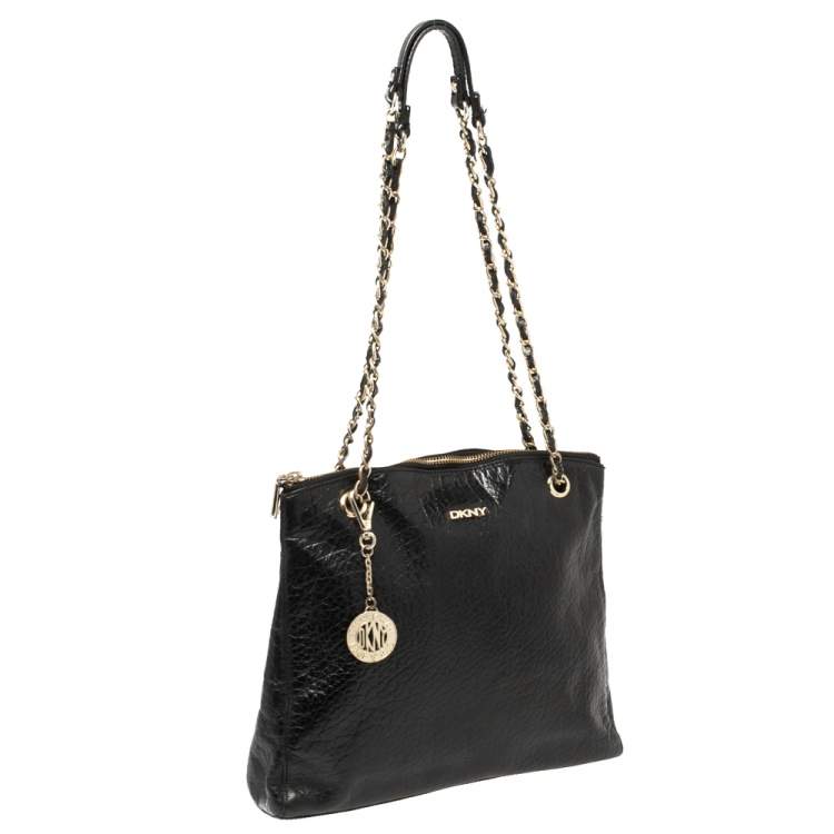 Pre Owned DKNY Black Leather Top Zip Chain Shoulder Bag