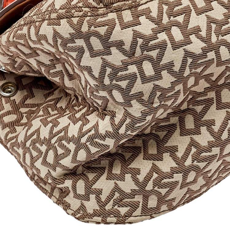Pre Owned Dkny Orange/Beige Signature Canvas and Leather Top Handle Bag