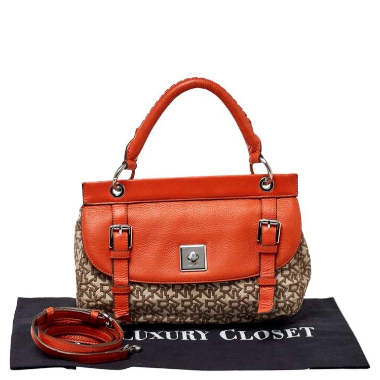 Pre Owned Dkny Orange/Beige Signature Canvas and Leather Top Handle Bag