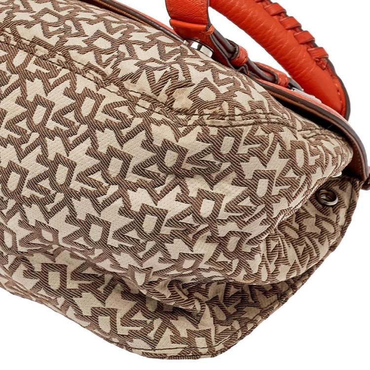 Pre Owned Dkny Orange/Beige Signature Canvas and Leather Top Handle Bag