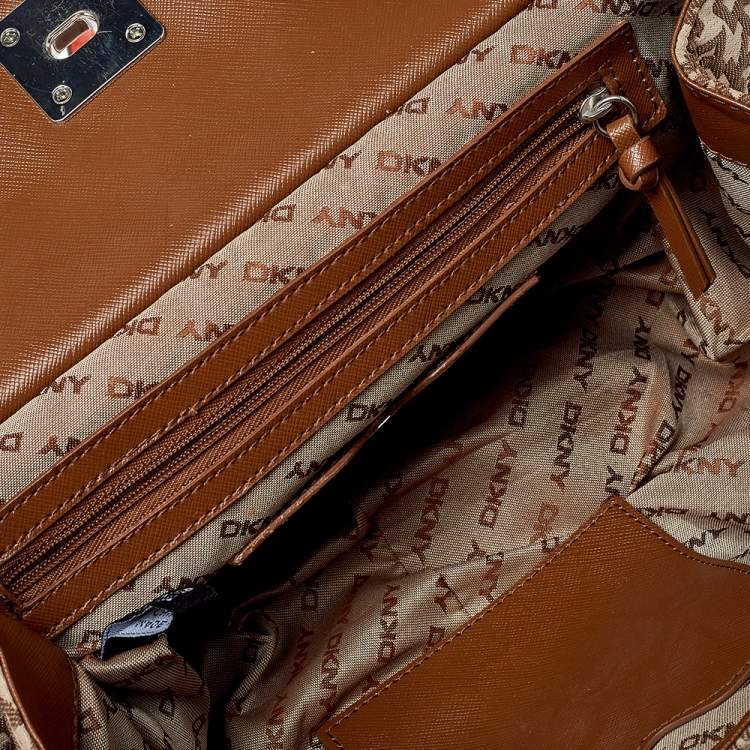 Pre Owned Dkny Orange/Beige Signature Canvas and Leather Top Handle Bag