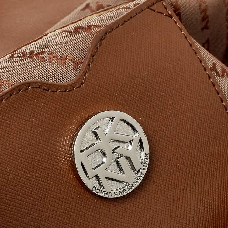 Pre Owned Dkny Orange/Beige Signature Canvas and Leather Top Handle Bag