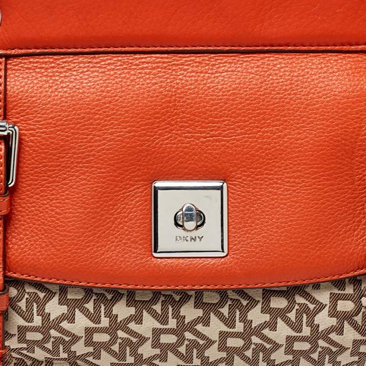 Pre Owned Dkny Orange/Beige Signature Canvas and Leather Top Handle Bag