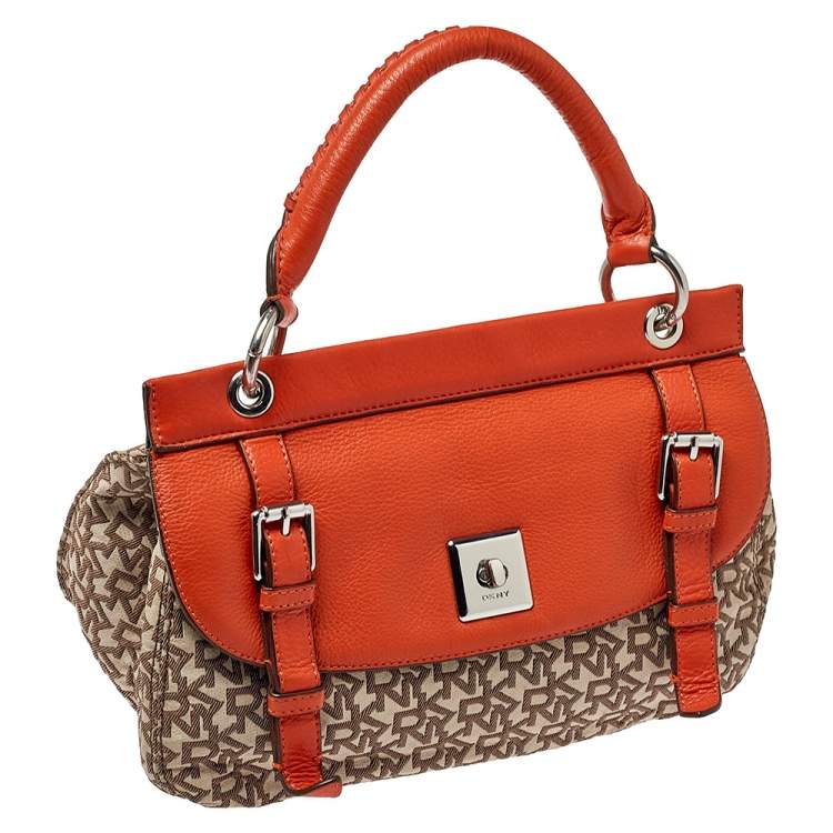 Pre Owned Dkny Orange/Beige Signature Canvas and Leather Top Handle Bag