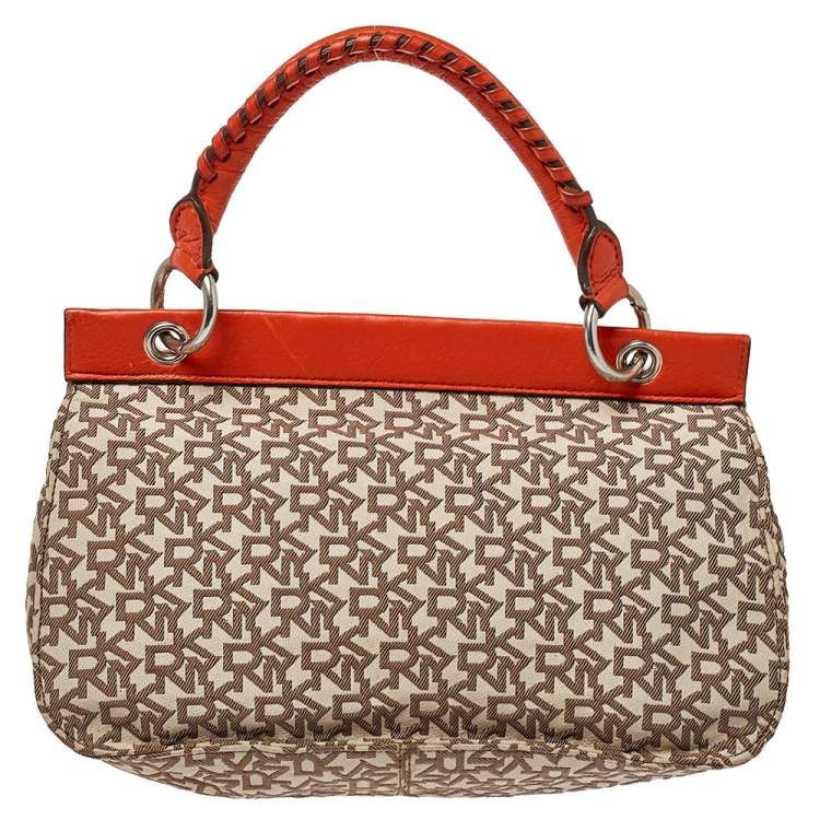 Pre Owned Dkny Orange/Beige Signature Canvas and Leather Top Handle Bag