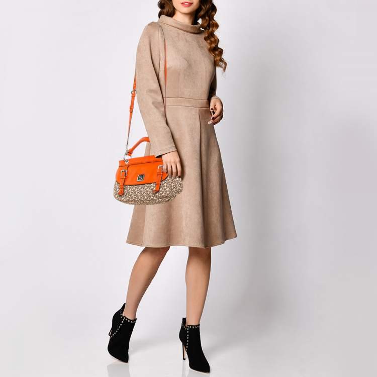 Pre Owned Dkny Orange/Beige Signature Canvas and Leather Top Handle Bag
