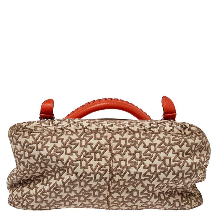 Pre Owned Dkny Orange/Beige Signature Canvas and Leather Top Handle Bag