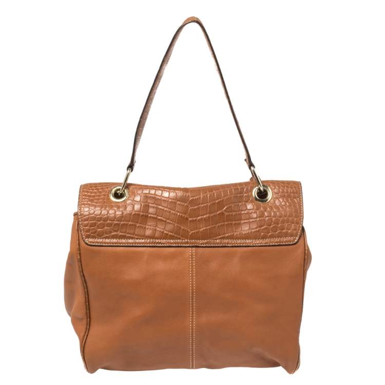 Pre Owned DKNY Brown Croc Embossed and Leather Turnlock Flap Top Handle Bag