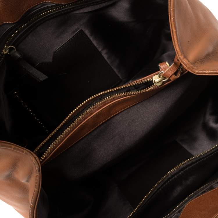 Pre Owned DKNY Brown Croc Embossed and Leather Turnlock Flap Top Handle Bag