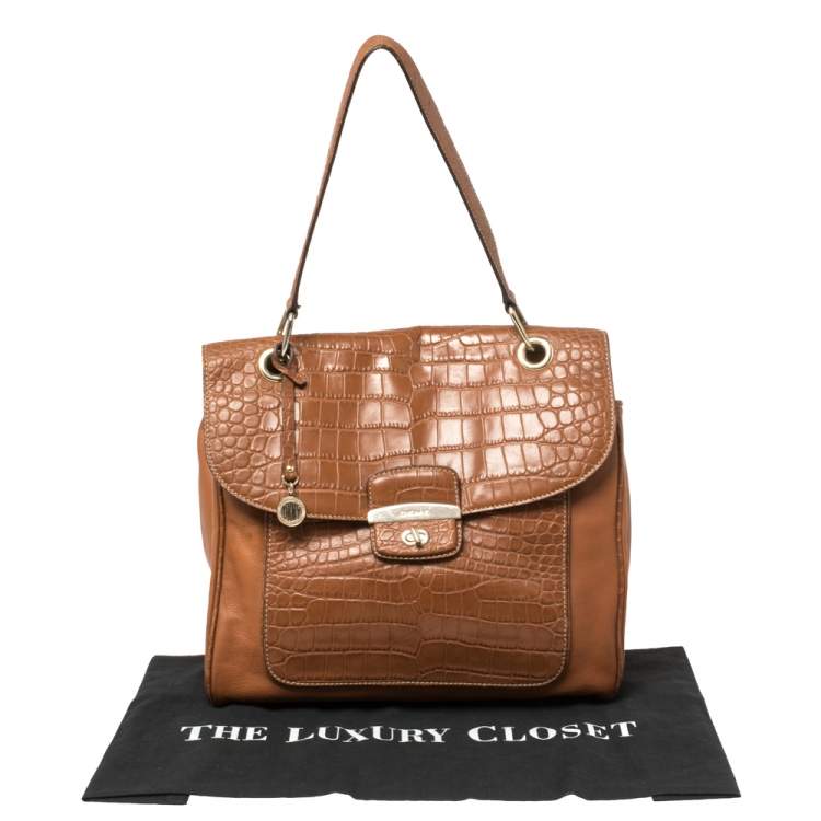 Pre Owned DKNY Brown Croc Embossed and Leather Turnlock Flap Top Handle Bag