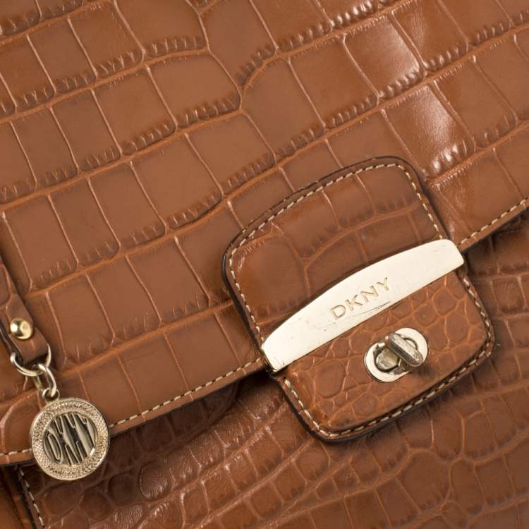 Pre Owned DKNY Brown Croc Embossed and Leather Turnlock Flap Top Handle Bag