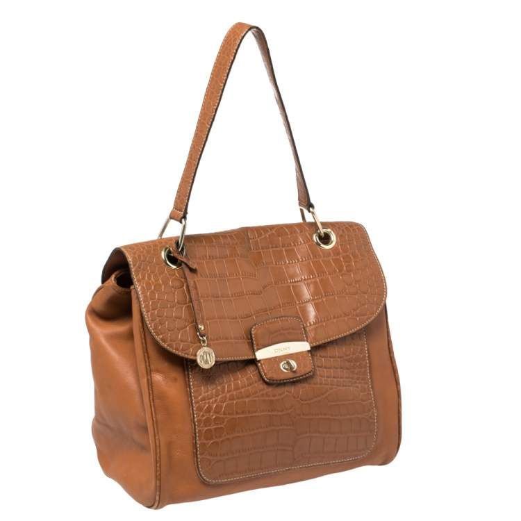 Pre Owned DKNY Brown Croc Embossed and Leather Turnlock Flap Top Handle Bag