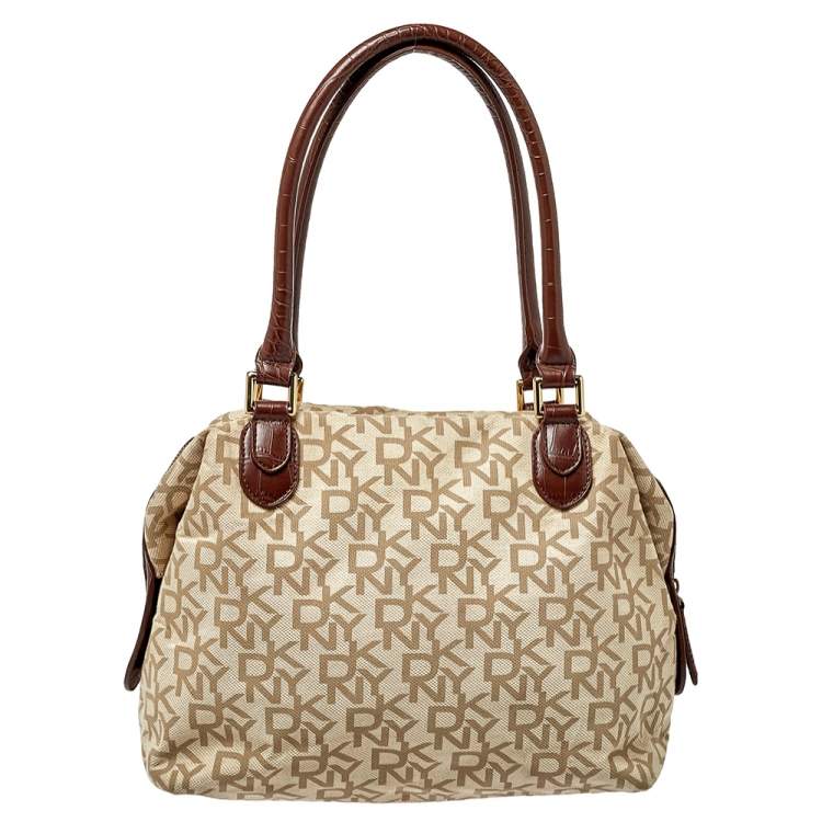 Pre Owned Dkny Beige/Brown Monogram Canvas and Croc Embossed Leather Turnlock Pocket Satchel