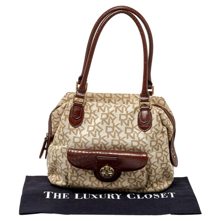 Pre Owned Dkny Beige/Brown Monogram Canvas and Croc Embossed Leather Turnlock Pocket Satchel