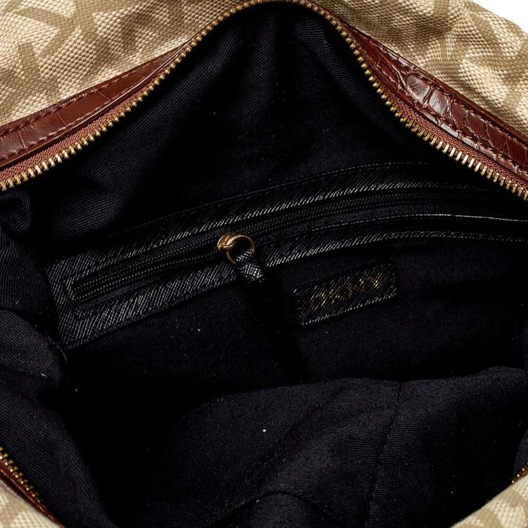 Pre Owned Dkny Beige/Brown Monogram Canvas and Croc Embossed Leather Turnlock Pocket Satchel