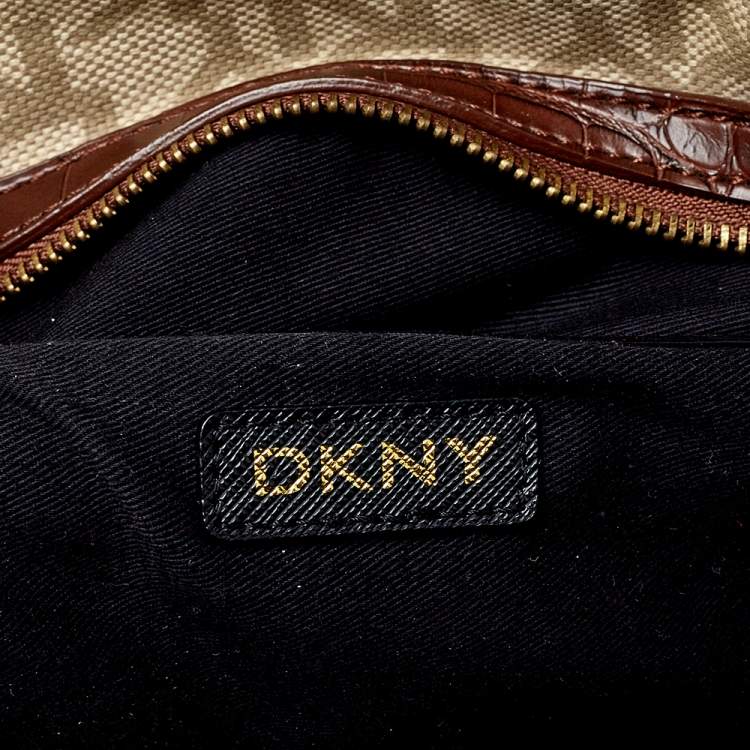 Pre Owned Dkny Beige/Brown Monogram Canvas and Croc Embossed Leather Turnlock Pocket Satchel