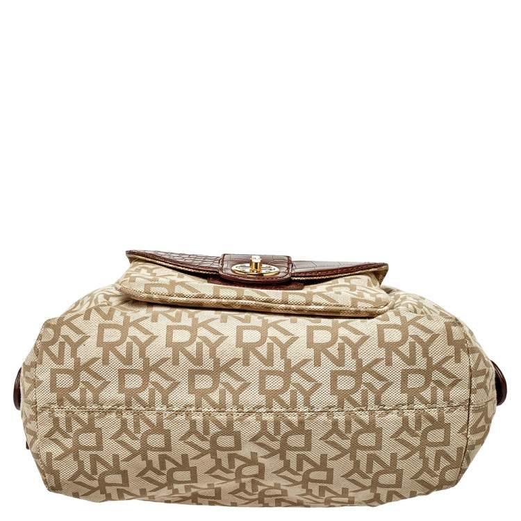 Pre Owned Dkny Beige/Brown Monogram Canvas and Croc Embossed Leather Turnlock Pocket Satchel