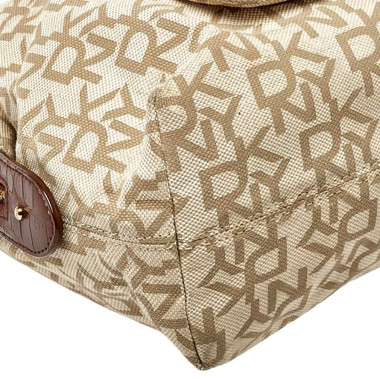 Pre Owned Dkny Beige/Brown Monogram Canvas and Croc Embossed Leather Turnlock Pocket Satchel