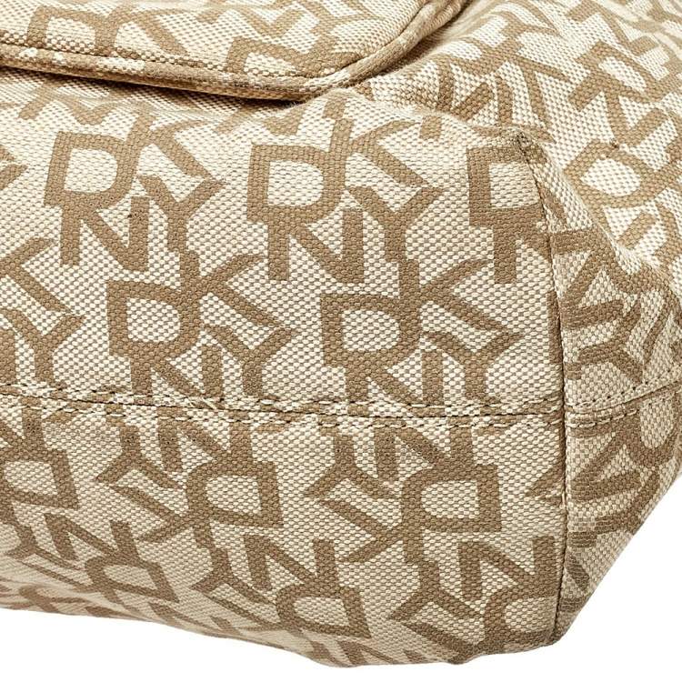 Pre Owned Dkny Beige/Brown Monogram Canvas and Croc Embossed Leather Turnlock Pocket Satchel