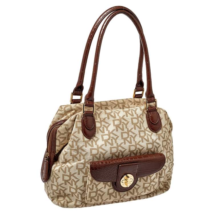 Pre Owned Dkny Beige/Brown Monogram Canvas and Croc Embossed Leather Turnlock Pocket Satchel