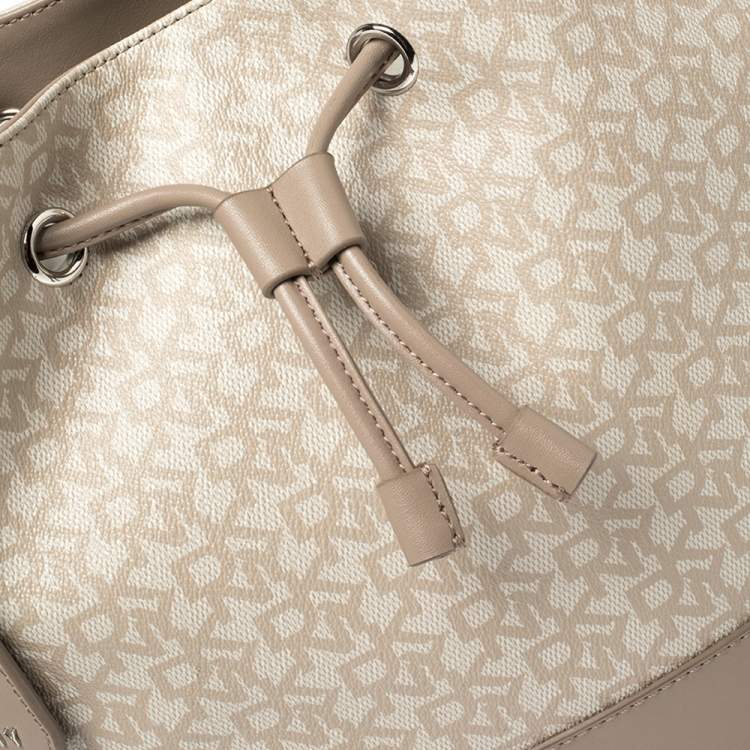 Pre Owned DKNY Grey Signature Coated Canvas and Leather Drawstring Bucket Bag