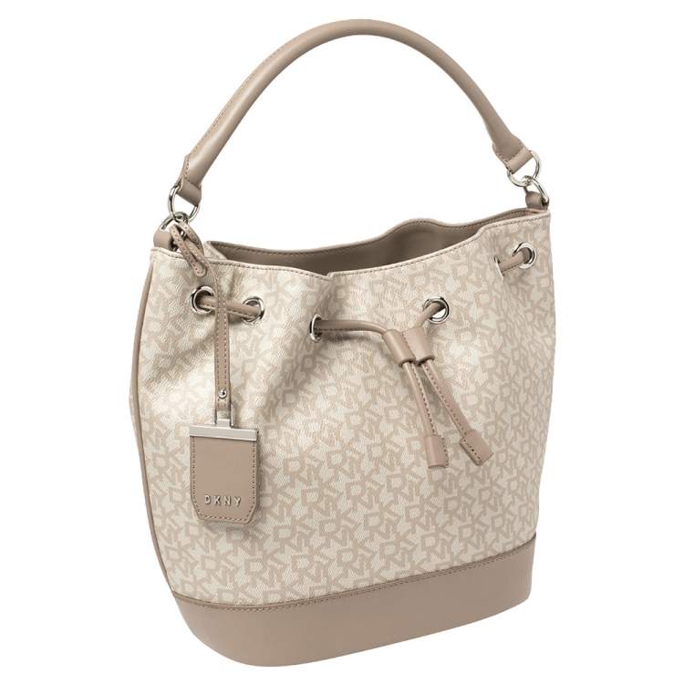 Pre Owned DKNY Grey Signature Coated Canvas and Leather Drawstring Bucket Bag