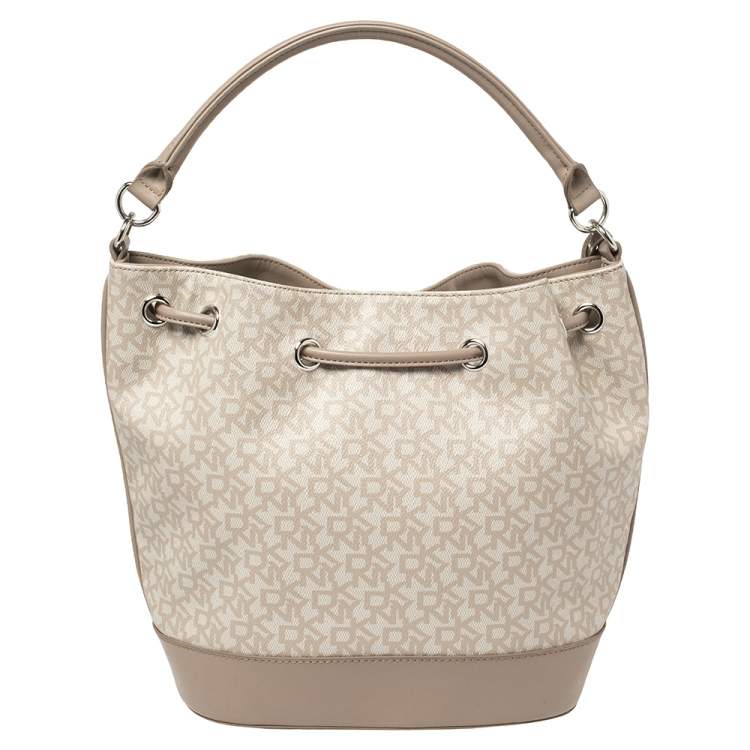 Pre Owned DKNY Grey Signature Coated Canvas and Leather Drawstring Bucket Bag