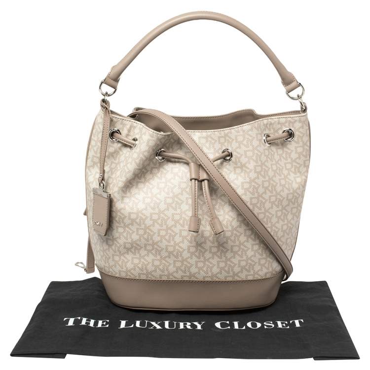 Pre Owned DKNY Grey Signature Coated Canvas and Leather Drawstring Bucket Bag