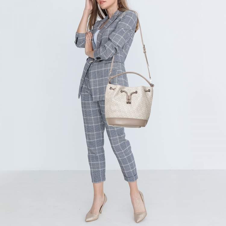 Pre Owned DKNY Grey Signature Coated Canvas and Leather Drawstring Bucket Bag
