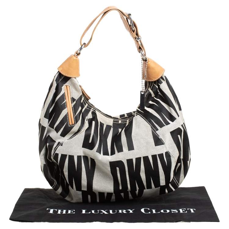Pre Owned Dkny Grey/Beige Signature Canvas and Leather Hobo