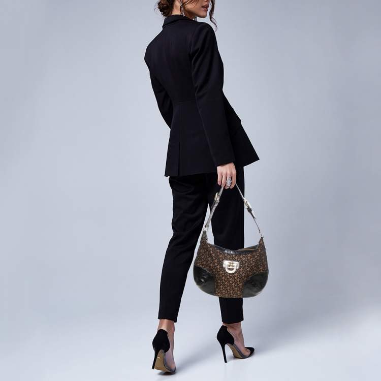 Pre Owned Dkny Brown/Black Signature Canvas and Leather Hobo