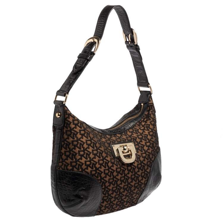 Pre Owned Dkny Brown/Black Signature Canvas and Leather Hobo