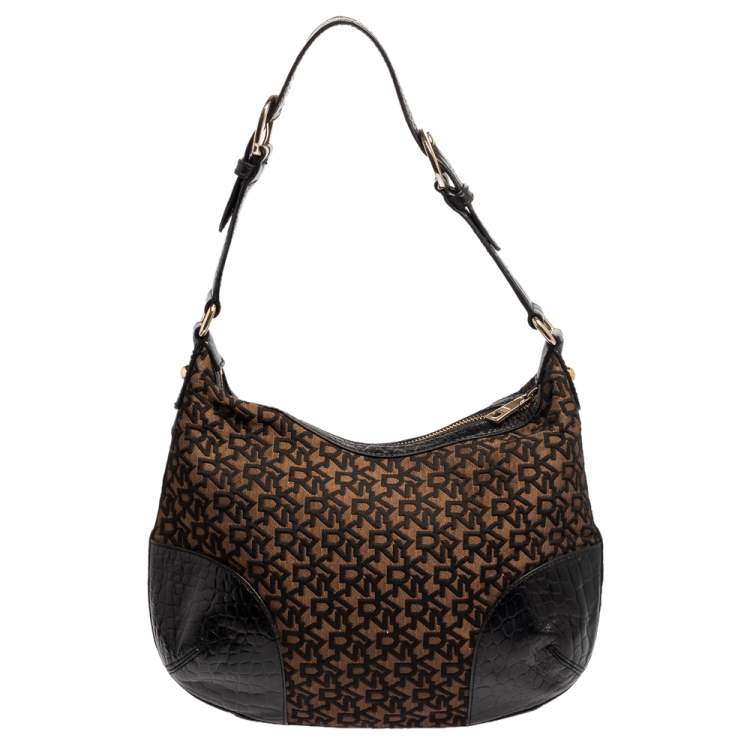 Pre Owned Dkny Brown/Black Signature Canvas and Leather Hobo
