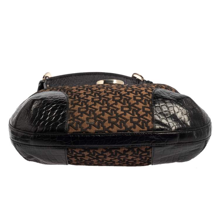 Pre Owned Dkny Brown/Black Signature Canvas and Leather Hobo