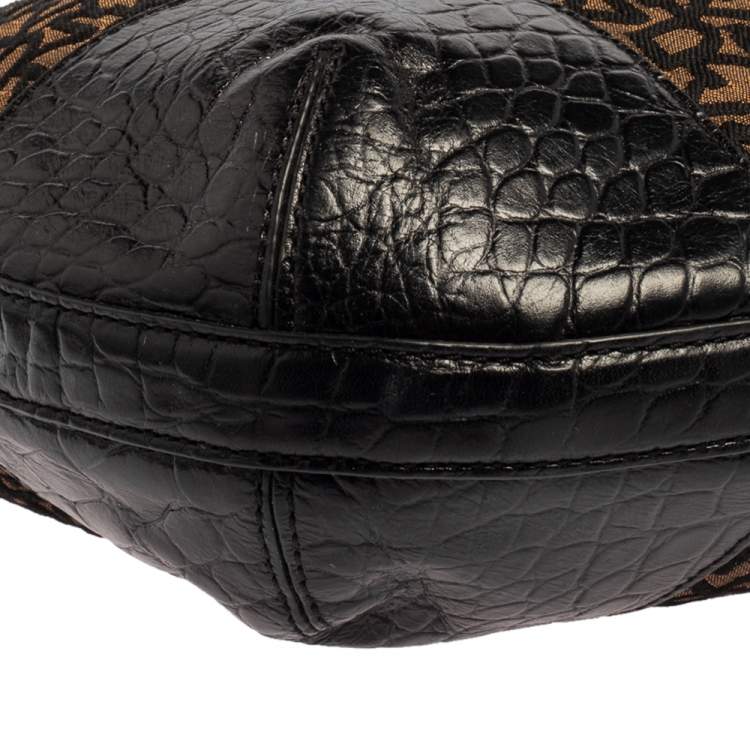 Pre Owned Dkny Brown/Black Signature Canvas and Leather Hobo