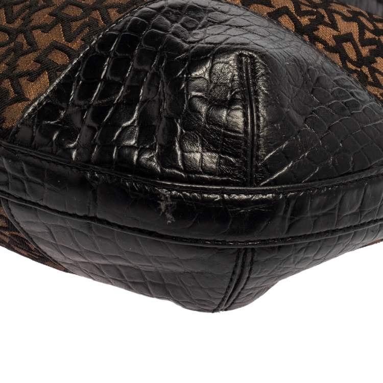 Pre Owned Dkny Brown/Black Signature Canvas and Leather Hobo