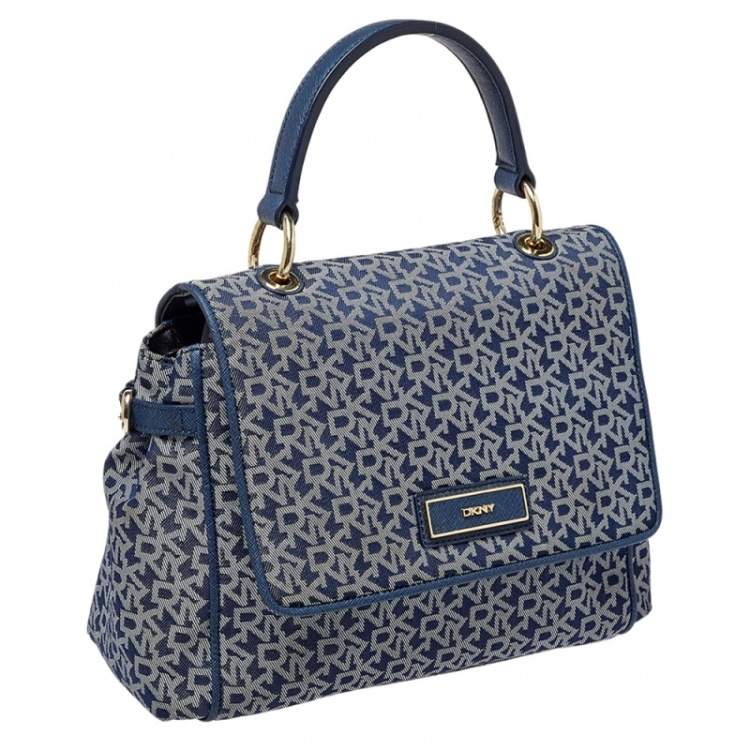 Pre Owned DKNY Blue/White Canvas and Leather Top Handle Bag