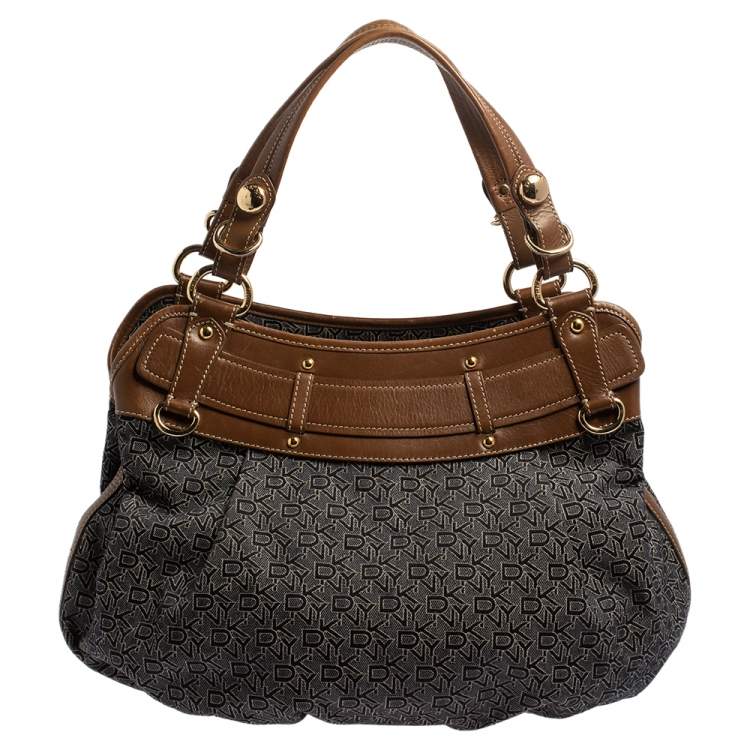 Pre Owned Dkny Navy Blue/Brown Monogram Canvas and Leather Hobo