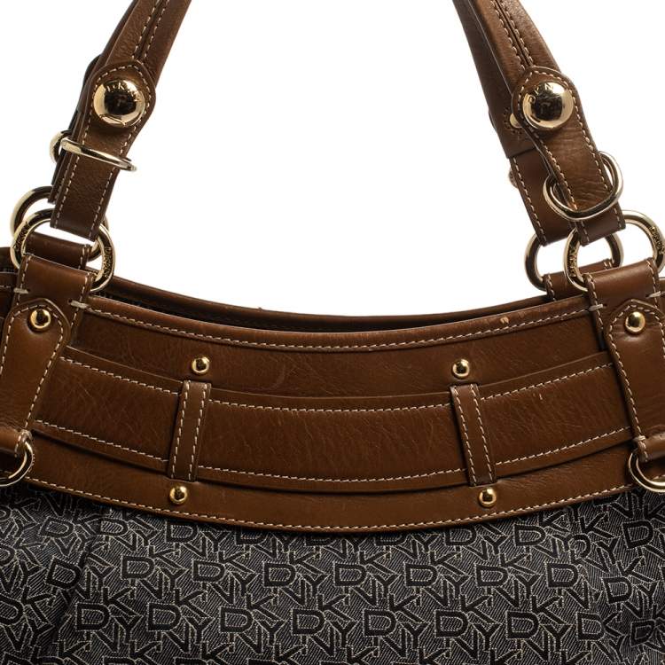 Pre Owned Dkny Navy Blue/Brown Monogram Canvas and Leather Hobo