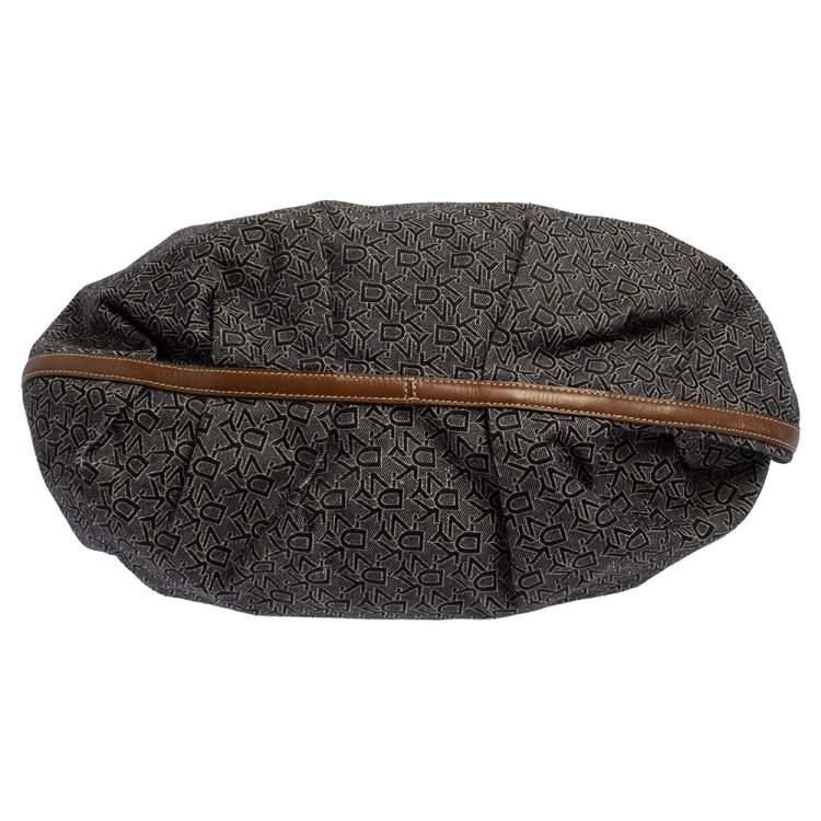 Pre Owned Dkny Navy Blue/Brown Monogram Canvas and Leather Hobo