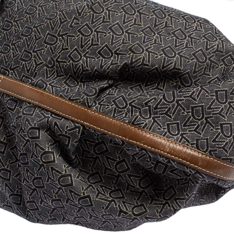 Pre Owned Dkny Navy Blue/Brown Monogram Canvas and Leather Hobo