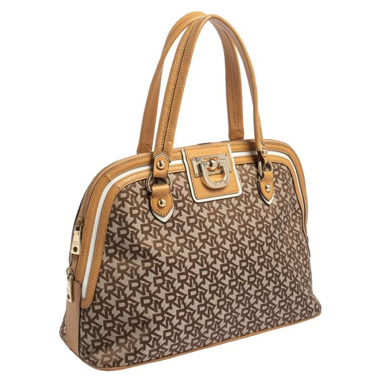 Pre Owned Dkny Brown/Beige Monogram Canvas and Leather Dome Satchel