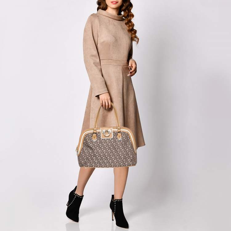 Pre Owned Dkny Brown/Beige Monogram Canvas and Leather Dome Satchel