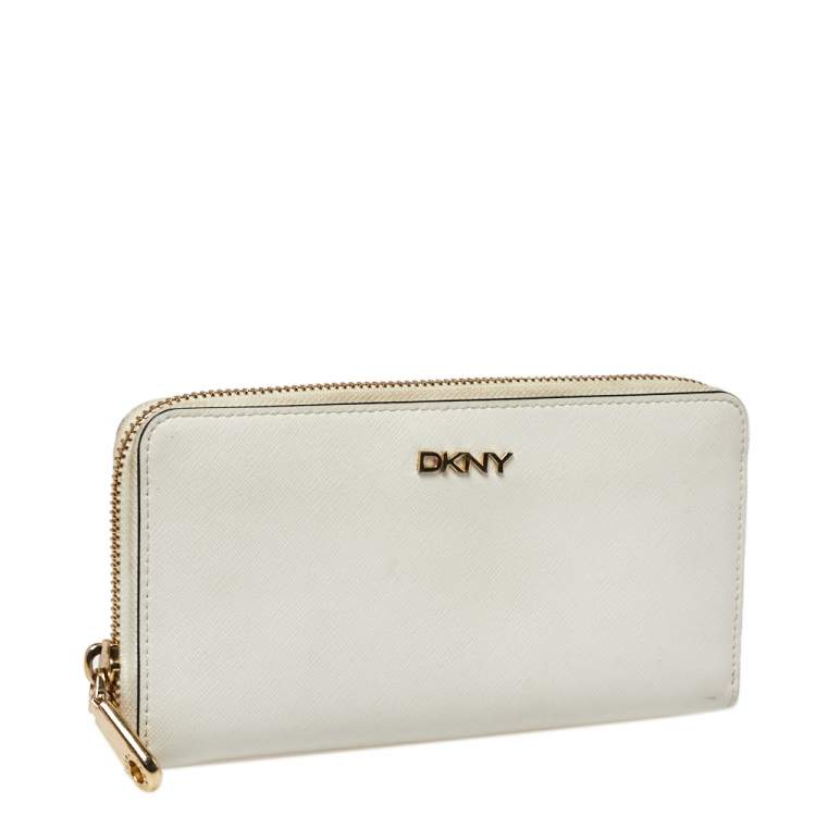 Pre Owned Dkny White Saffiano Leather Zip Around Continental Wallet 