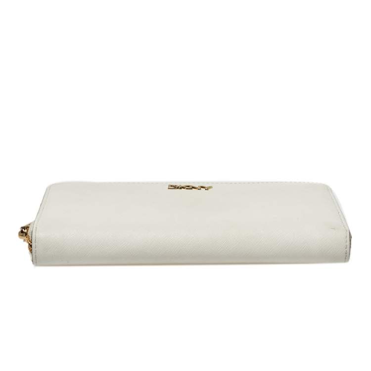 Pre Owned Dkny White Saffiano Leather Zip Around Continental Wallet 