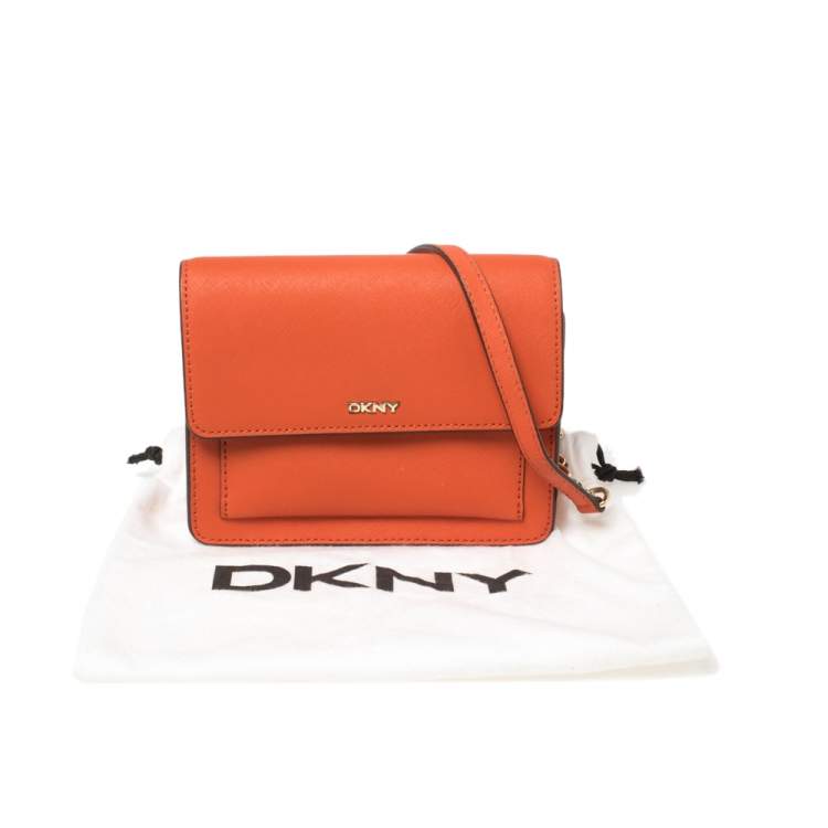 Pre Owned Dkny Orange Leather Flap Chain Crossbody Bag