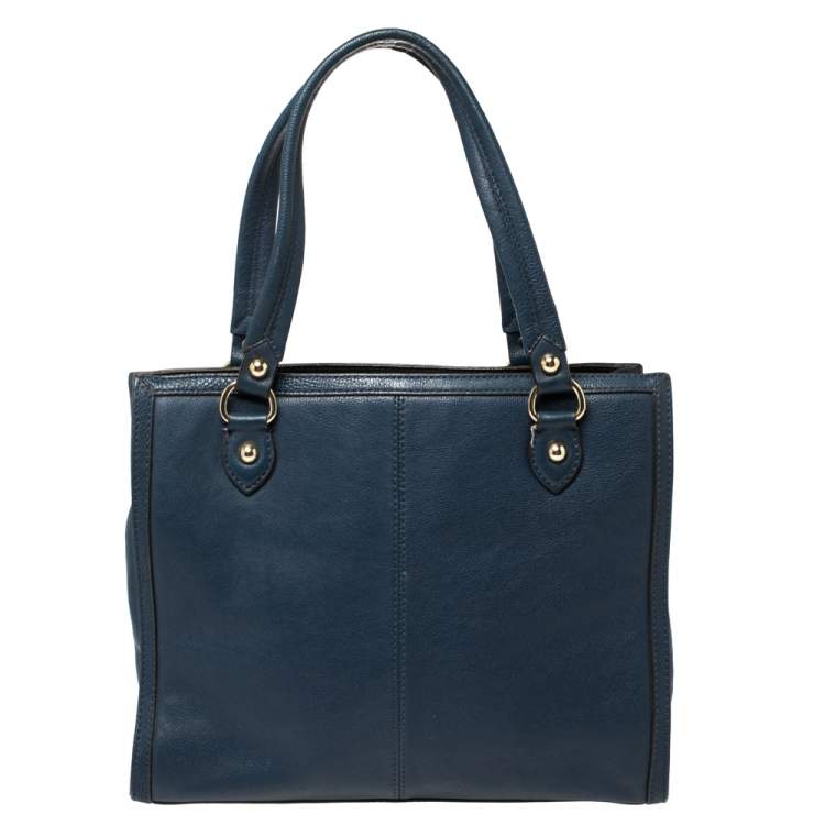 Pre Owned DKNY Navy Blue Leather Middle Zip Tote